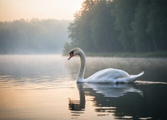 A white swan on a lake at foggy morning
