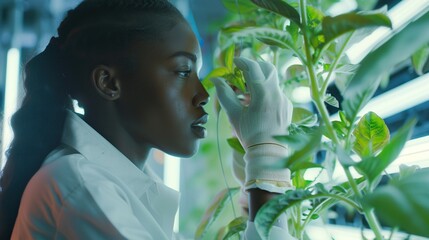 A scientist in the lab is analyzing a plant