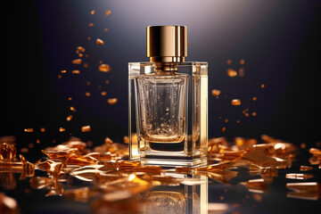 A high-end perfume flacon with liquid gold inside, catching the light in a way that emphasizes its luxury and sophistication.