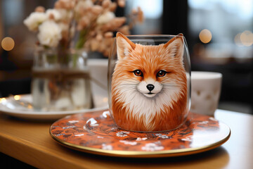 A delightful paper coaster with a cute animal illustration on a coffee shop table - obrazy, fototapety, plakaty
