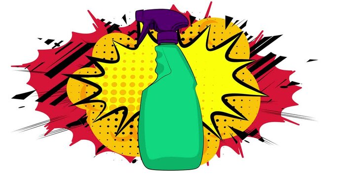 Cartoon Cleaning Product, comic book Spray Bottle. Retro vector comics pop art design.