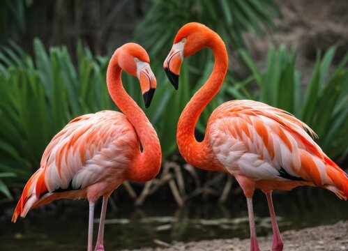 A couple of bright red flamingo birds