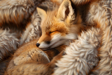 A cute baby fox is lying in a  fur coat