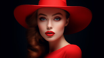 stylish women in red lips and red hat 