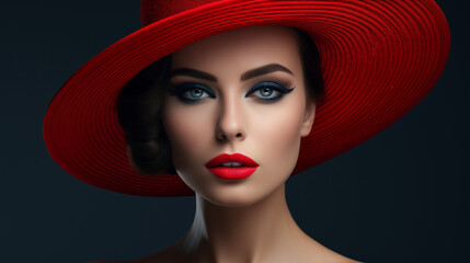 stylish girl in red hat with black background