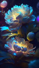 Light effects of beautiful flower in blue tone. AI render.
