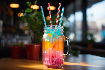 A delightful paper straw with colorful stripes in a refreshing drink on a cafe table - obrazy, fototapety, plakaty