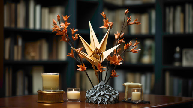 Delightful single origami crane perched on a bookshelf, symbolizing elegance and creativity in a simple form