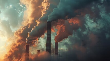 Smoke from factories pollutes the evening sky with industrial emissions. Release pollutants into the atmosphere, Industrial Impact on Air Quality. Protect the Earth on Earth Day. - obrazy, fototapety, plakaty