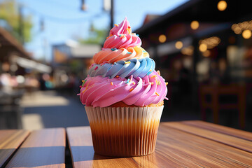 A charming miniature disposable cupcake with colorful frosting on a table - obrazy, fototapety, plakaty