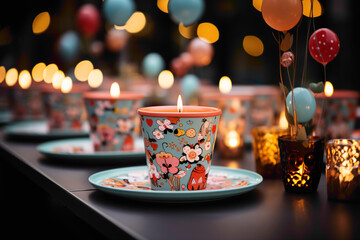 A cute and small disposable plate with a whimsical design on a party table - obrazy, fototapety, plakaty