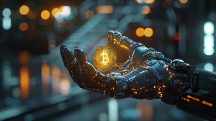 A cybernetic hand holding a glowing Bitcoin, embodying the fusion of human ingenuity and digital currency