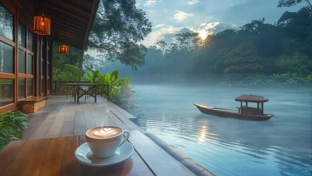 Riverside Serenity. A Colorful Picture of a Natural Landscape with a Cup of Coffee by the River. Seamless looping 4k timelapse virtual video animation background generated AI
