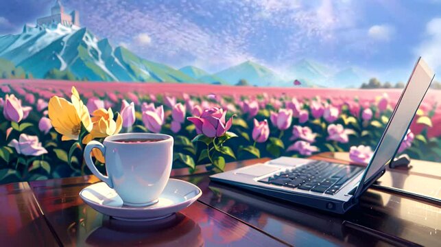 Cup of coffee and laptop on flower fields background. Seamless looping time-lapse 4k video animation background
