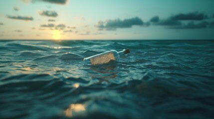 Paper message in a bottle floating in the ocean - obrazy, fototapety, plakaty