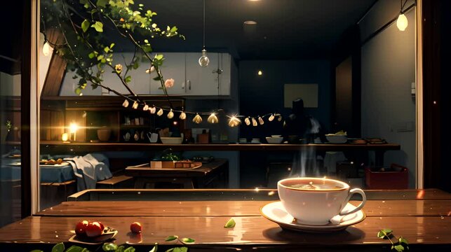 Coffee cup in cafe in the night. Seamless looping time-lapse 4k video animation background
