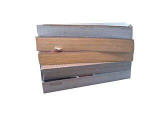 Stack of old or vintage books, a set of old books or journals, isolated on white background and close up shot.
