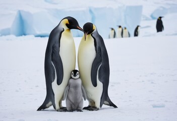 A view of a cute Emperor Penguin couple with a small offspring