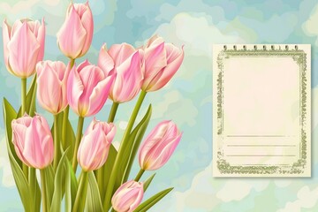 Pink tulips on blue background with copy space postcard illustration. AI Generated