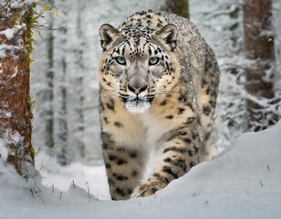 Fototapeta premium Explore the elusive beauty of a snow leopard prowling silently through a snow-covered forest