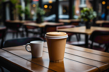 A used disposable coffee cup with a lid and sleeve on a cafe table - obrazy, fototapety, plakaty