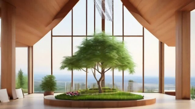 tree silhouette inside the building. indoor decoration and design for green space in the apartment