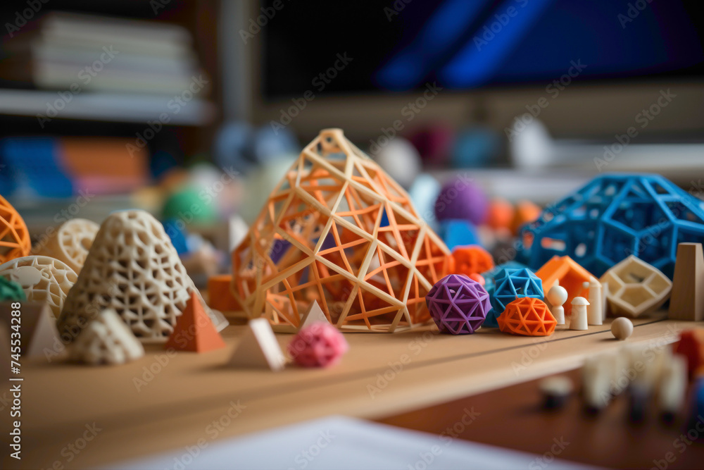 Poster a close-up of a mathematician's desk with a variety of 3d-printed geometric shapes, serving as tangi