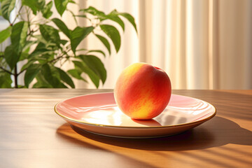 A photorealistic 3D illustration of a single, ripe peach on a contemporary ceramic plate, showcasing texture and natural lighting - obrazy, fototapety, plakaty