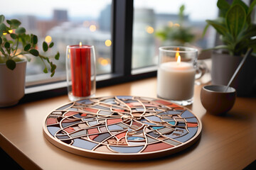 A unique and charming disposable coaster set with a puzzle-like design on a living room table - obrazy, fototapety, plakaty