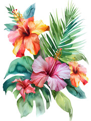 A watercolor illustration, illustrations exotic tropical flowers like orchids and hibiscus, transporting viewers to a lush and vibrant paradise. on Transparent background - 745534648