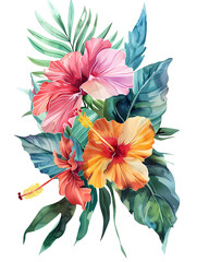 A watercolor illustration, illustrations exotic tropical flowers like orchids and hibiscus, transporting viewers to a lush and vibrant paradise. on Transparent background - 745534690