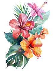 A watercolor illustration, illustrations exotic tropical flowers like orchids and hibiscus, transporting viewers to a lush and vibrant paradise. on Transparent background - 745534801
