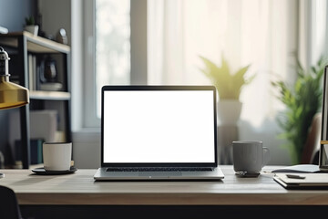 Modern work table with blank computer laptop and accessories in home office studio.Freelance designer or blogger concepts ideas