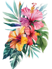 A watercolor illustration, illustrations exotic tropical flowers like orchids and hibiscus, transporting viewers to a lush and vibrant paradise. on Transparent background - 745535223