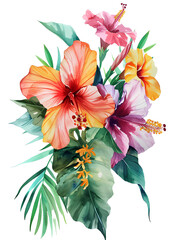 A watercolor illustration, illustrations exotic tropical flowers like orchids and hibiscus, transporting viewers to a lush and vibrant paradise. on Transparent background - 745535287