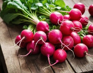 Bunch of fresh radishes on old wooden table