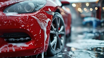 Automotive Detailer Washing Away Smart Soap and Foam with a Water High Pressure Washer. Red Performance Car Getting Care and Treatment at a Professional Vehicle Detailing Shop.
