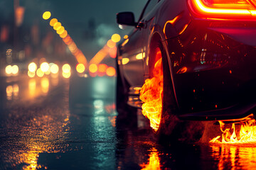 Fiery car on road in a city at night