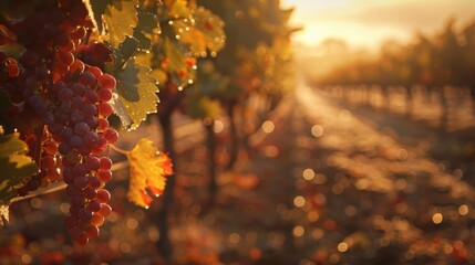 The vineyard is abundant with ripe red grapes