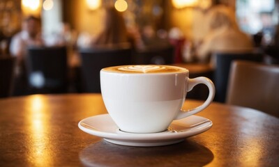 Fototapeta premium Cup of coffee on table in a cafe