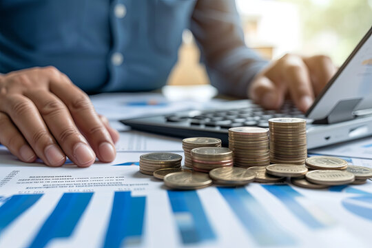 Interest rate and dividend concept, Businessman is calculating income and return on investment in percentage. income, return, retirement, compensation