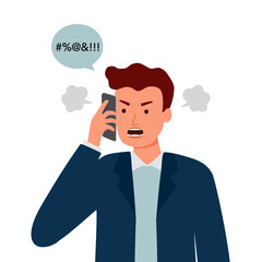 Angry man on phone in flat design. Businessman upset speaking on mobile.