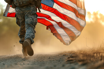 Soldier Celebrating Victory Running with Large American Flag - obrazy, fototapety, plakaty