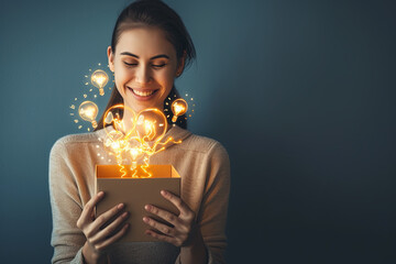 young happy woman holding a box with brilliant ideas spreading knowledge - obrazy, fototapety, plakaty