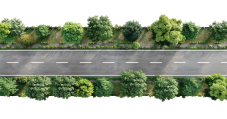 Aerial view of straight asphalt road isolated on transparent background