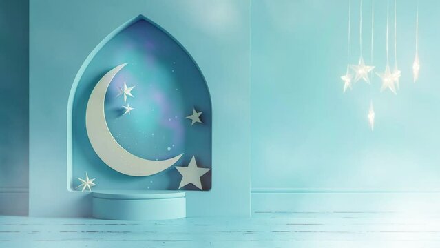 ramadan eid mubarak with paper mosque window with stars and islamic lantern with glitter