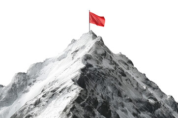 Snowy mountain with red flag on the top isolated on transparent background - obrazy, fototapety, plakaty