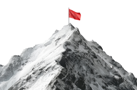 Snowy mountain with red flag on the top isolated on transparent background
