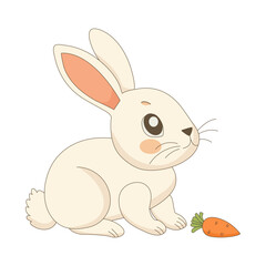 Cute easter rabbit with orange carrot sitting isolated on white backdrop.