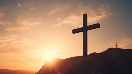 Majestic cross stands atop mountain, illuminated by golden sunrise, conveying hope and spiritual inspiration, Good Friday and Easter Sunday concept